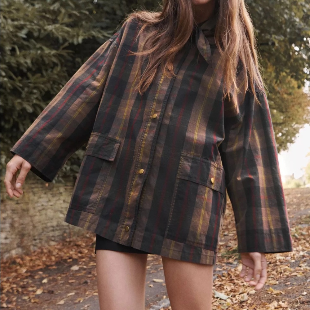 Cotton tartan plaid scarf tie chore coat, size M-L